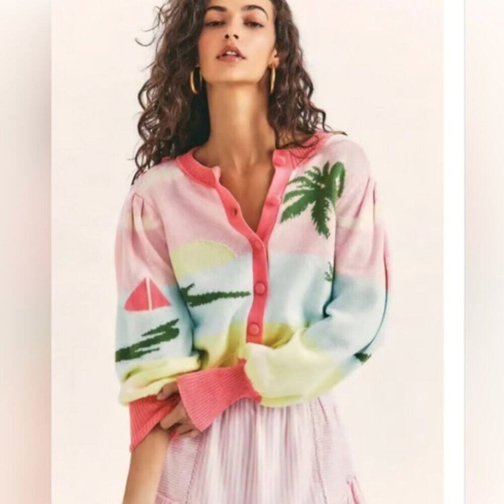 Love Shack Fancy Medium Dabney Cardigan Montauk Sand Palm Trees M